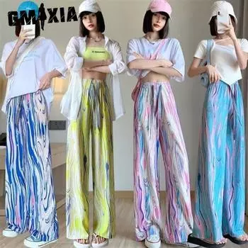 GMXIA Женские летние облегающие брюки свободного кроя с высокой талией и принтом в радужную полоску с принтом тай-дай One Size жёлтый