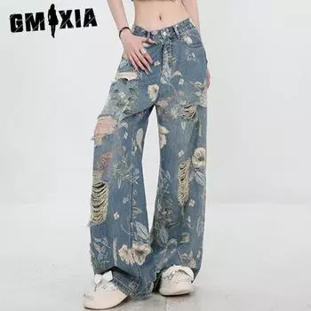 GMXIA Женские летние свободные прямые джинсы с винтажным принтом и рваными штанинами длиной до пола M синий