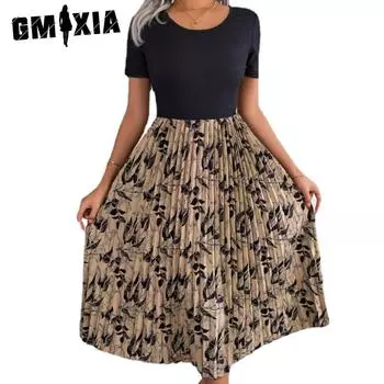 GMXIA женские летние весенние модные коктейльные и вечерние платья с короткими рукавами и высокой талией, U-образным вырезом и цветочным принтом S хаки