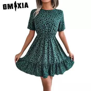 GMXIA Женские летние весенние модные коктейльные и вечерние платья в горошек с круглым вырезом и короткими рукавами с высокой талией S зелёный