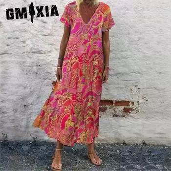 GMXIA Женские модные длинные платья с цветочным V-образным вырезом и коротким рукавом S жёлтый