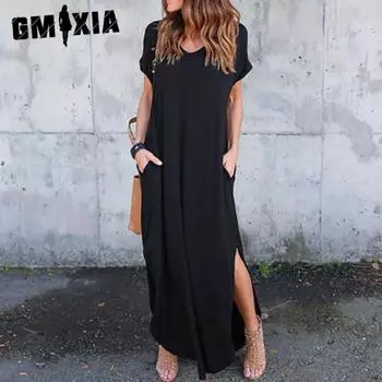 GMXIA Женские модные летние и весенние однотонные повседневные платья с короткими рукавами и v-образным вырезом, S-5XL