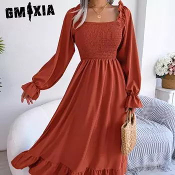 GMXIA Женские модные летние и весенние однотонные коктейльные и вечерние платья с длинным рукавом и высокой талией, квадратным воротником S красный