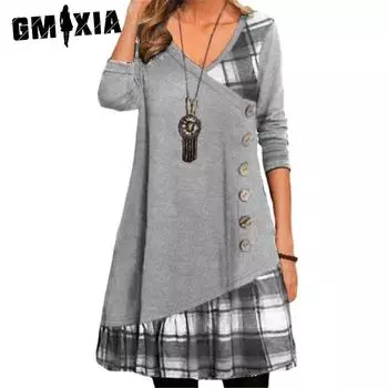 GMXIA женские модные летние и весенние однотонные повседневные платья с длинным рукавом и v-образным вырезом, свободные пуговицы