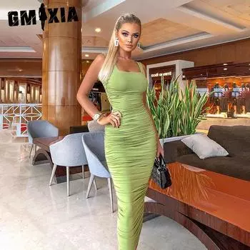 GMXIA Женские модные летние и весенние однотонные повседневные платья без рукавов с v-образным вырезом и высокой талией S фиолетовый