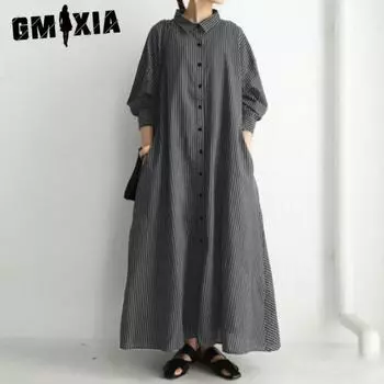 GMXIA Женские модные летние и весенние повседневные платья в полоску с длинными рукавами и воротником-поло с высокой талией S белый