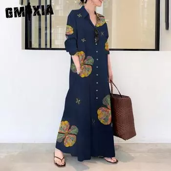 GMXIA Женские модные летние и весенние повседневные платья с длинным рукавом и высокой талией с цветочным принтом и воротником-поло