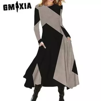 GMXIA Женские модные летние и весенние повседневные платья с длинным рукавом и круглым вырезом с высокой талией