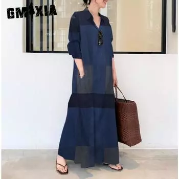 GMXIA Женские модные летние и весенние повседневные платья с длинными рукавами и воротником-поло с цветным принтом S красный