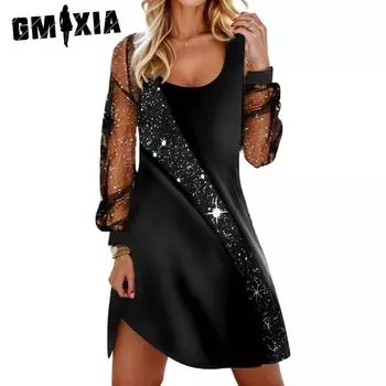 GMXIA Женские модные летние и весенние повседневные платья с коротким рукавом и U-образным вырезом S чёрный