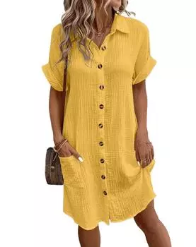 GMXIA Женские модные летние весенние однотонные повседневные платья с короткими рукавами и воротником-поло с принтом S жёлтый