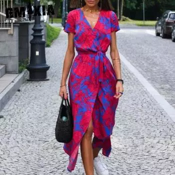 GMXIA женские модные летние весенние однотонные повседневные платья с короткими рукавами и v-образным вырезом и высокой талией S красный