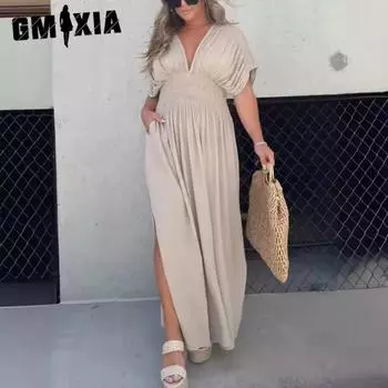 GMXIA Женские модные летние весенние однотонные повседневные платья с короткими рукавами и v-образным вырезом с принтом S темно-синий