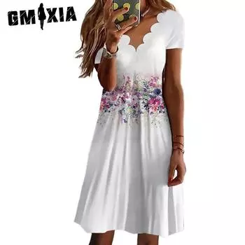 GMXIA Женские модные летние весенние однотонные повседневные платья с короткими рукавами и принтом S