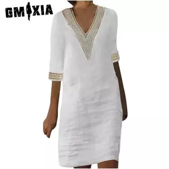 GMXIA Женские модные летние весенние однотонные повседневные платья с рукавами 3/4 и v-образным вырезом с принтом S белый