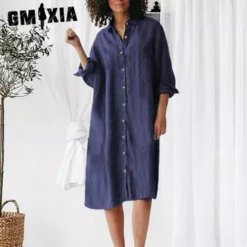 GMXIA женские модные летние весенние однотонные повседневные платья с длинными рукавами и воротником-поло с принтом S красный