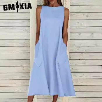 GMXIA Женские модные летние весенние однотонные повседневные платья без рукавов с круглым вырезом и принтом