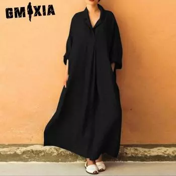 GMXIA Женские модные летние весенние однотонные повседневные платья с длинными рукавами и воротником-поло с принтом