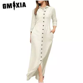 GMXIA Женские модные летние весенние однотонные повседневные платья с длинными рукавами и воротником-поло с принтом S чёрный