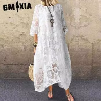 GMXIA Женские модные летние весенние однотонные повседневные платья с рукавом 3/4 и круглым вырезом с принтом