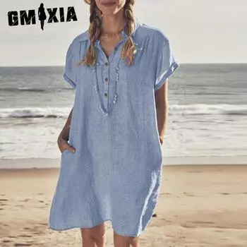 GMXIA Женские модные летние весенние однотонные повседневные платья с короткими рукавами и воротником-поло с принтом S серый