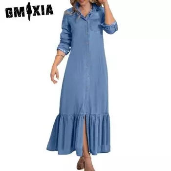 GMXIA Женские модные летние весенние однотонные повседневные платья с длинными рукавами и воротником-поло с принтом S синий