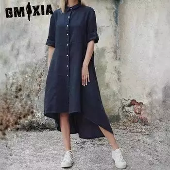 GMXIA Женские модные летние весенние однотонные повседневные платья с короткими рукавами и воротником-поло с принтом S красный