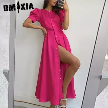 GMXIA женские модные летние весенние однотонные повседневные платья с коротким рукавом и круглым вырезом с высокой талией и принтом S озеро синий