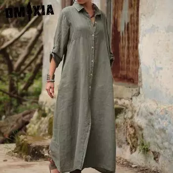 GMXIA Женские модные летние весенние однотонные повседневные платья с длинными рукавами и воротником-поло с принтом S абрикосовый