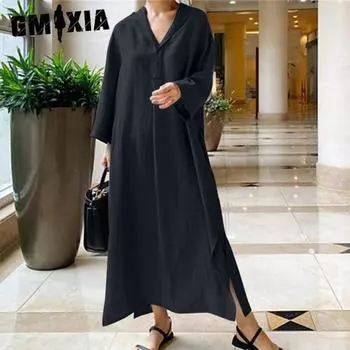 GMXIA Женские модные летние весенние однотонные повседневные платья с длинным рукавом и v-образным вырезом с принтом S чёрный