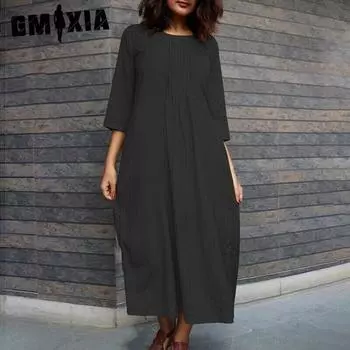 GMXIA Женские модные летние весенние однотонные повседневные платья с рукавом 3/4 и круглым вырезом с принтом S чёрный