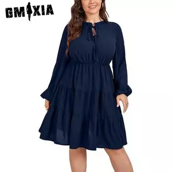 GMXIA Женские модные летние весенние однотонные повседневные платья с длинными рукавами и принтом XL чёрный