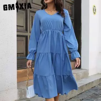 GMXIA женские модные летние весенние однотонные повседневные платья с длинным рукавом и v-образным вырезом и высокой талией S синий