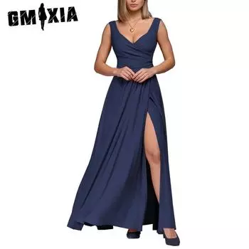 GMXIA Женские модные летние весенние однотонные повседневные платья без рукавов с v-образным вырезом и принтом S чёрный