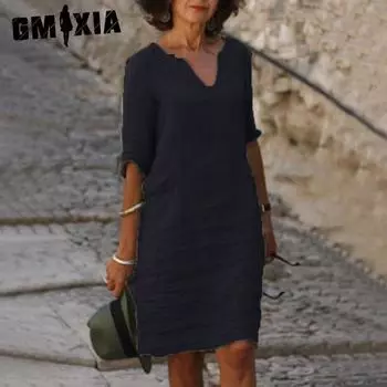 GMXIA Женские модные летние весенние однотонные повседневные платья с короткими рукавами и v-образным вырезом с принтом S белый