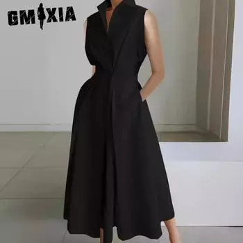 GMXIA Женские модные летние весенние однотонные повседневные платья с короткими рукавами и воротником-поло с принтом S чёрный