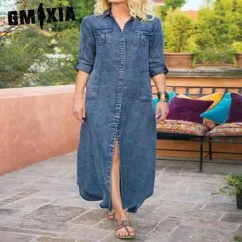 GMXIA Женские модные летние весенние однотонные повседневные платья с длинными рукавами и воротником-поло с принтом