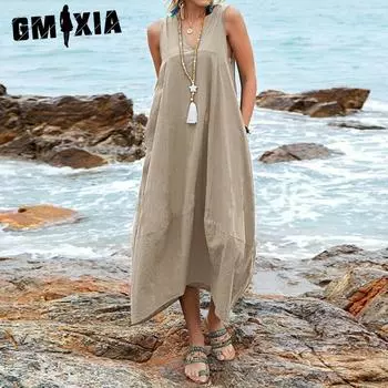 GMXIA Женские модные летние весенние однотонные повседневные платья без рукавов с v-образным вырезом и принтом S хаки