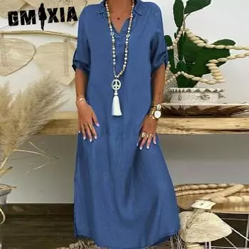 GMXIA Женские модные летние весенние однотонные повседневные платья с рукавом 2/1 и воротником-поло