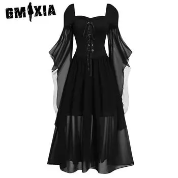 GMXIA Женские модные летние весенние однотонные повседневные платья с длинными рукавами и принтом S чёрный