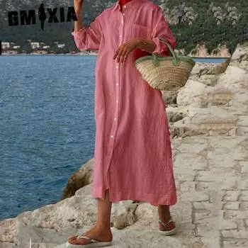 GMXIA Женские модные летние весенние однотонные повседневные платья с длинными рукавами и воротником-поло с принтом S белый