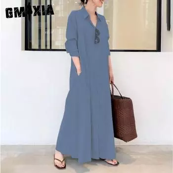 GMXIA Женские модные летние весенние однотонные повседневные платья с длинными рукавами и воротником-поло с принтом S красный