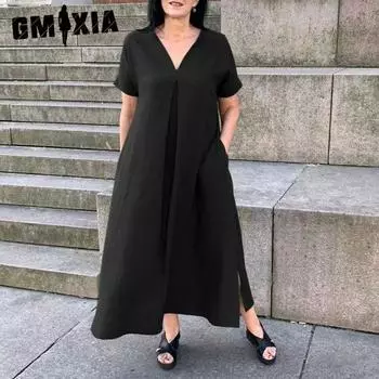 GMXIA Женские модные летние весенние однотонные повседневные платья с короткими рукавами и v-образным вырезом с принтом S зелёный