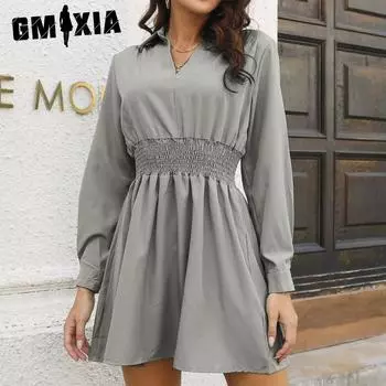 GMXIA женские модные летние весенние однотонные повседневные платья с длинными рукавами и воротником-поло с высокой талией и принтом S чёрный