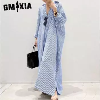 GMXIA Женские модные летние весенние однотонные повседневные платья с длинным рукавом и v-образным вырезом с принтом S серый