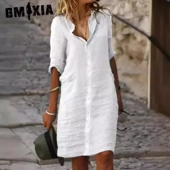 GMXIA Женские модные летние весенние однотонные повседневные платья с рукавом 2/1 и воротником-поло S белый