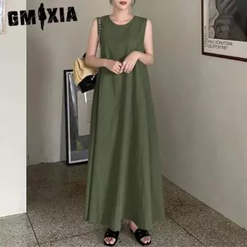 GMXIA Женские модные летние весенние однотонные повседневные платья без рукавов с круглым вырезом и принтом