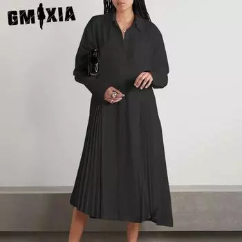 GMXIA Женские модные летние весенние однотонные повседневные платья с длинными рукавами и воротником-поло с принтом S чёрный
