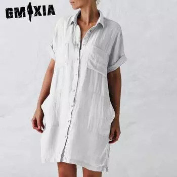 GMXIA Женские модные летние весенние однотонные повседневные платья с короткими рукавами и воротником-поло с принтом S белый