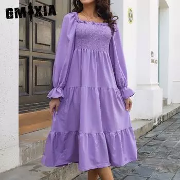 GMXIA женские модные летние весенние однотонные повседневные платья с квадратным воротником и длинными рукавами и высокой талией S чёрный